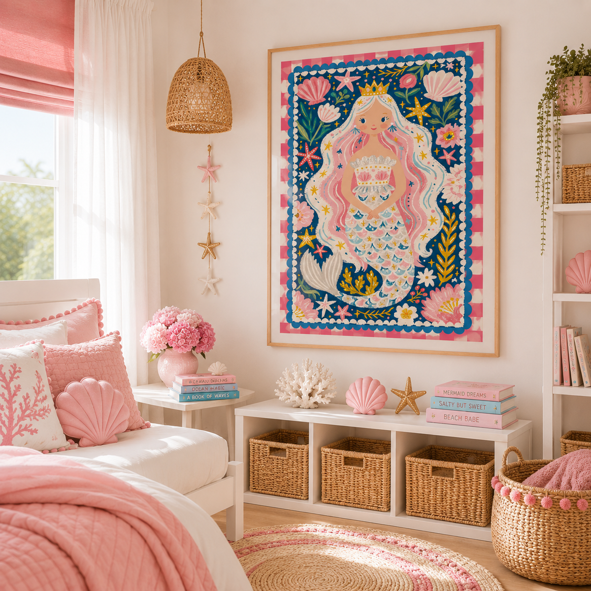 Girls mermaid bedroom wall art with seashells, starfish and colourful coastal flowers.