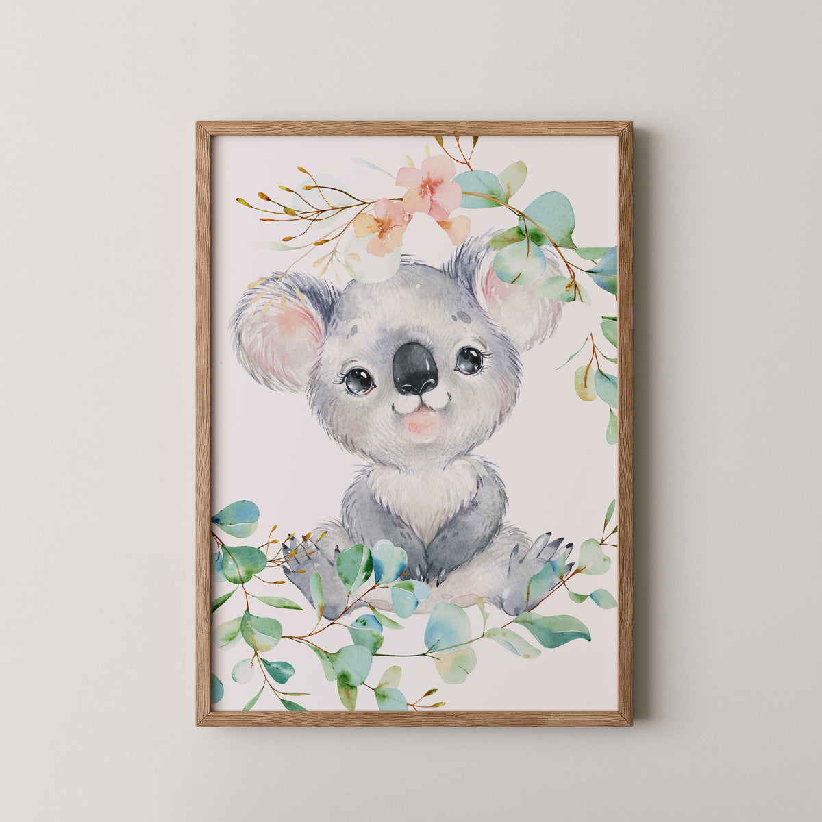Baby animal nursery print with koala, with eucalyptus and peach floral
