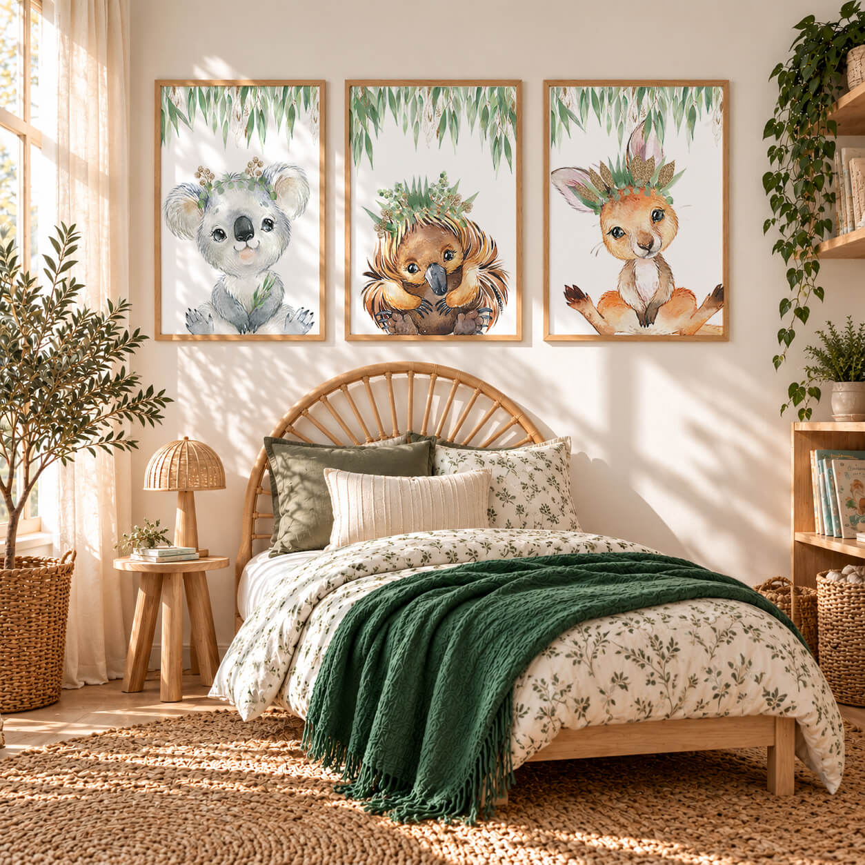 Australian animal nursery print set displayed in natural timber frames above a boho child's bed
