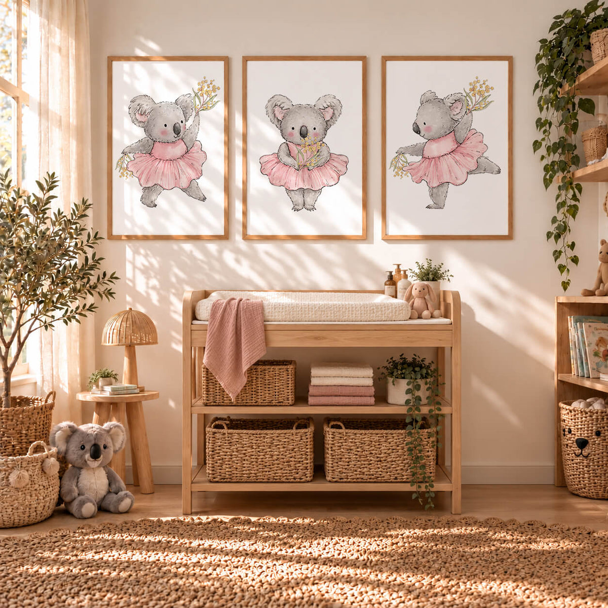 Koala nursery wall art set of 3 featuring pink ballerina koala prints
