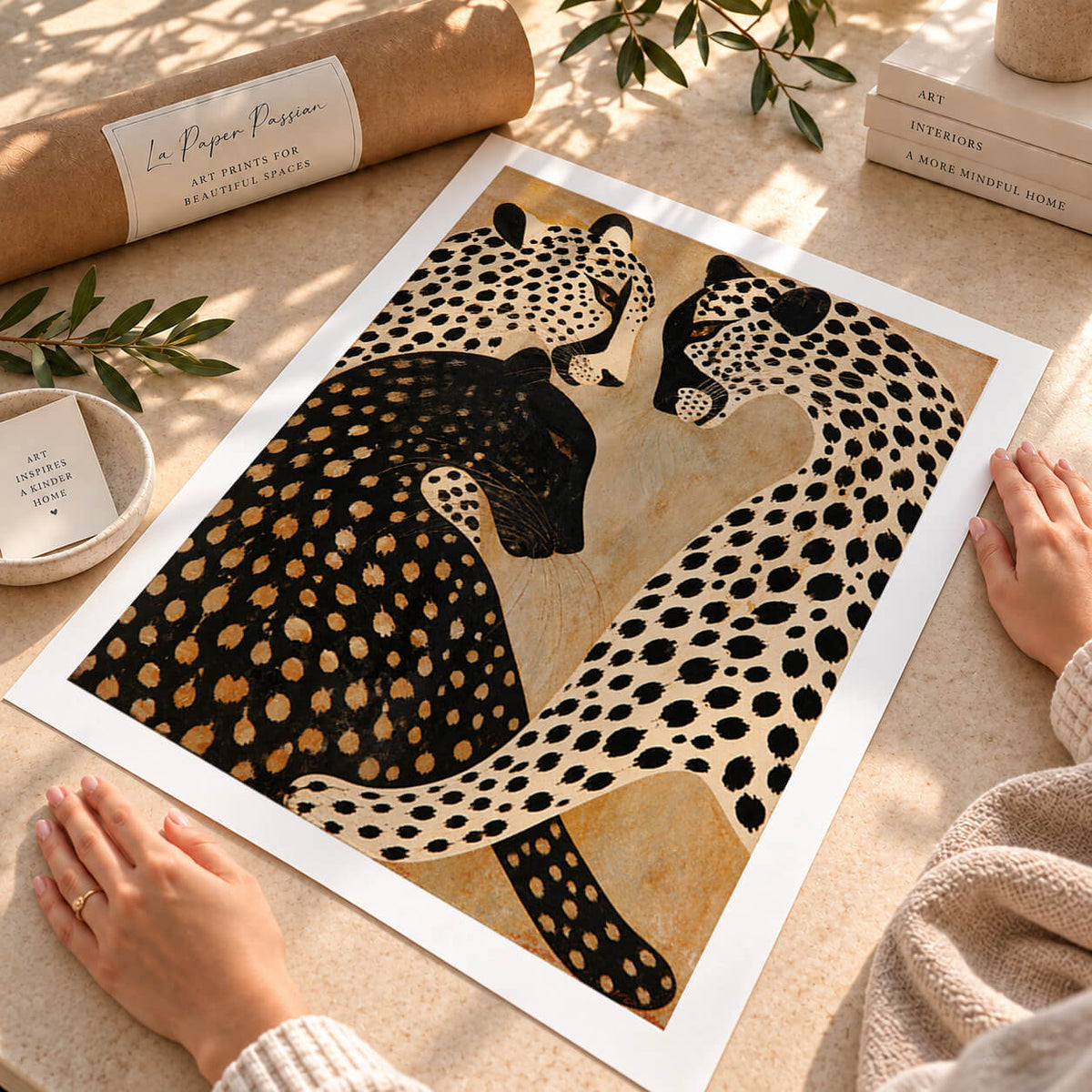 Modern eclectic leopard artwork in warm neutral black cream and ochre tones for statement home decor