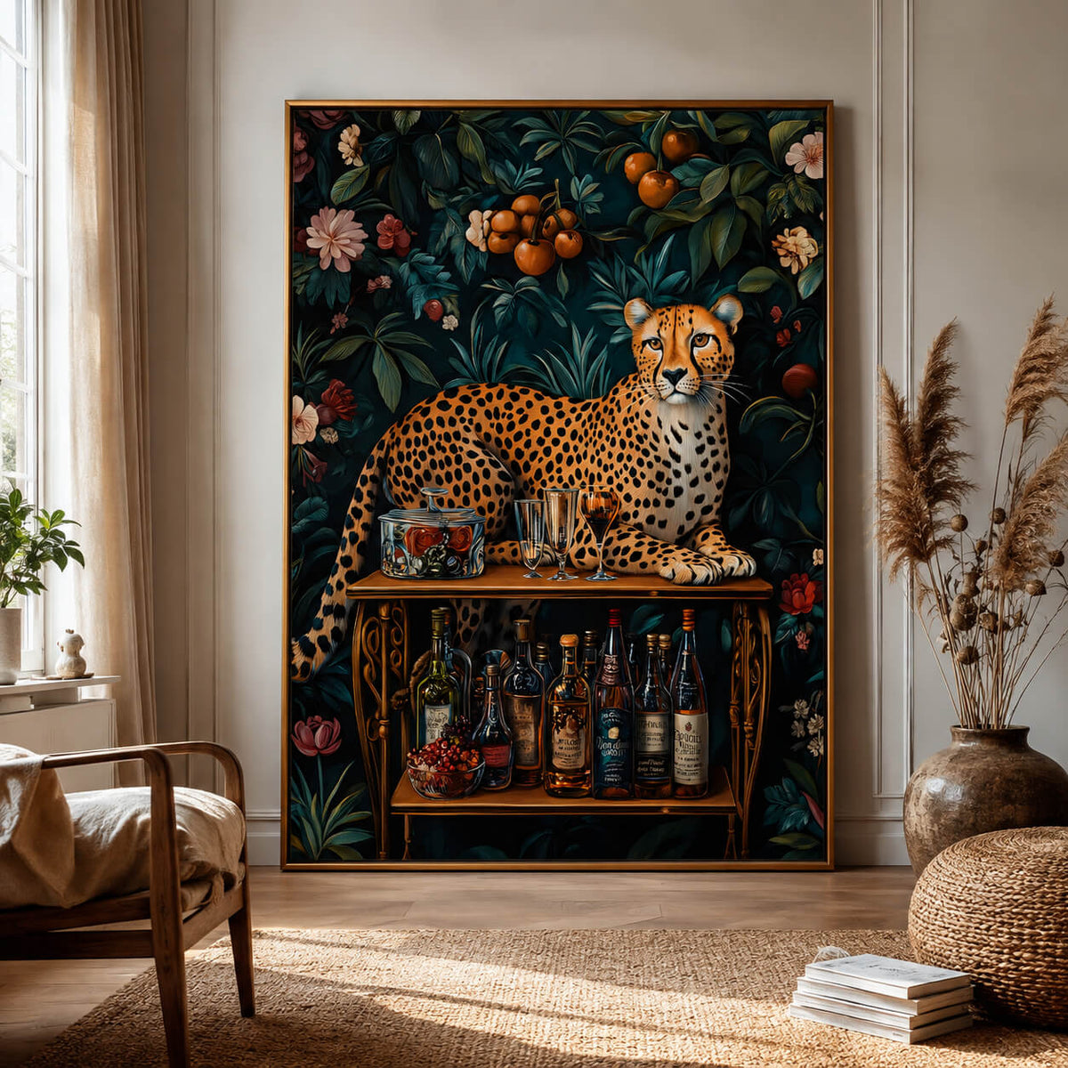 Leopard wall art with tropical botanical foliage and vintage drinks bar