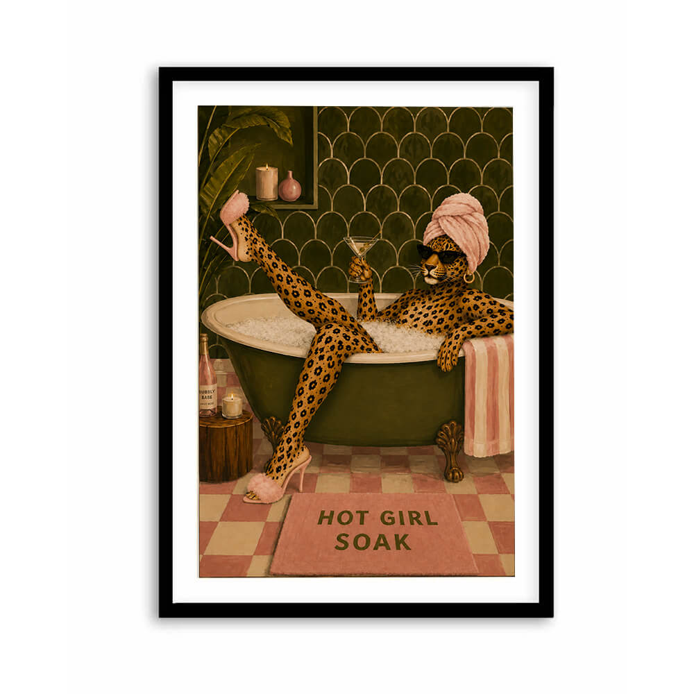 Funny bathroom wall art with glamorous leopard and pink fluffy heels