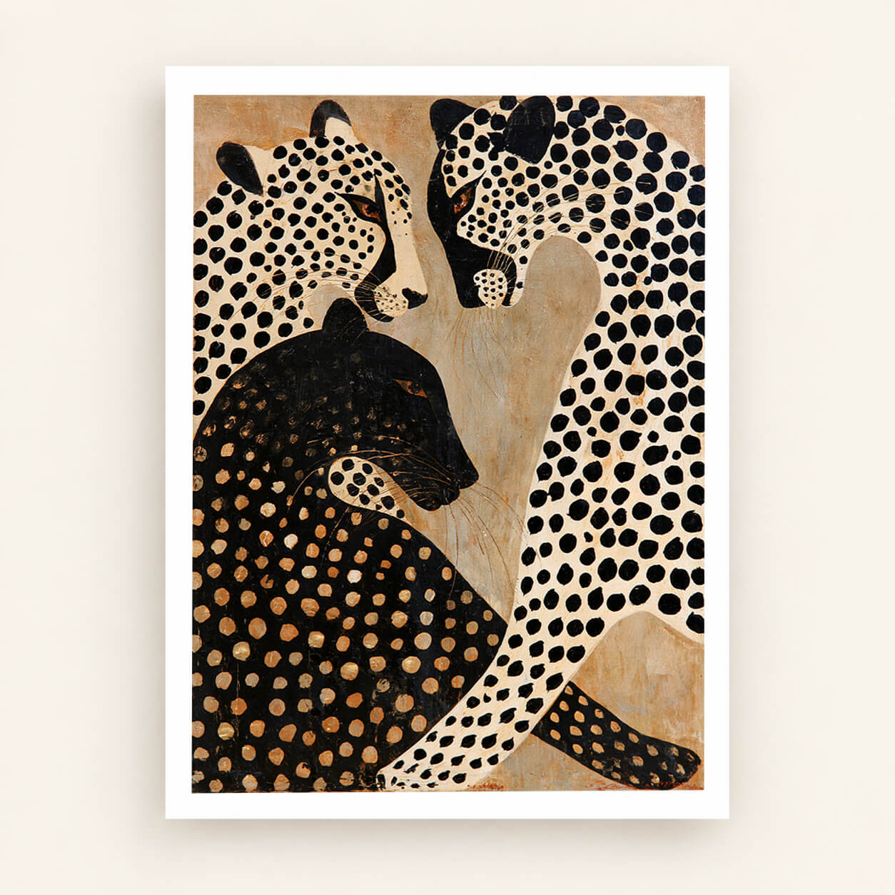 Eclectic leopard wall art featuring three stylised black and cream spotted leopards on a warm ochre background