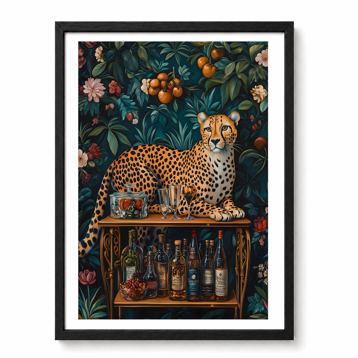 Leopard wall art with tropical botanical foliage and vintage drinks bar