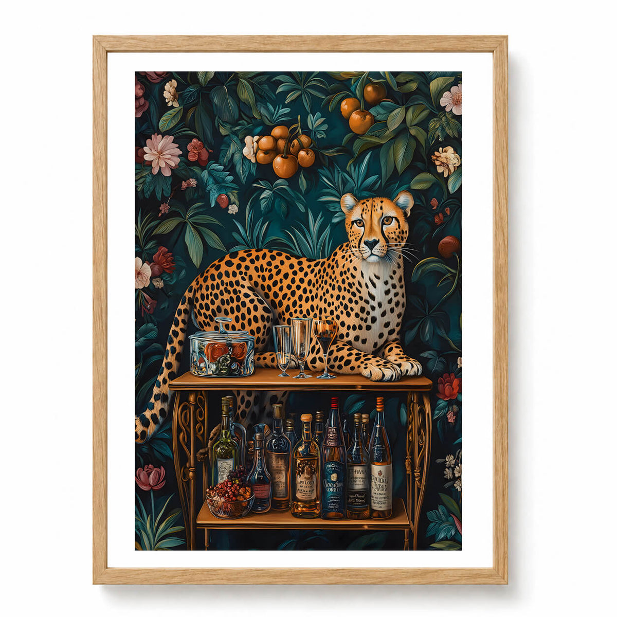 Bar leopard wall art in natural timber frame