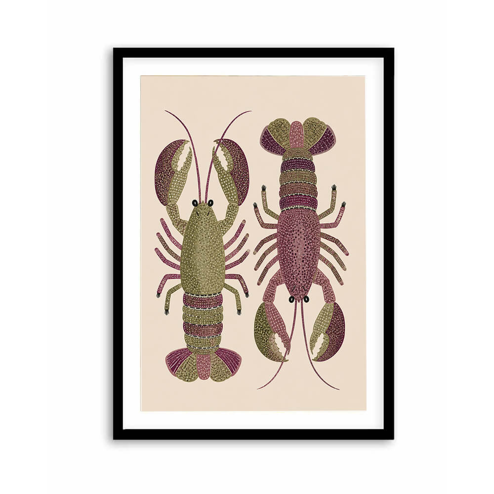 Coastal lobster wall art in olive green and plum tones