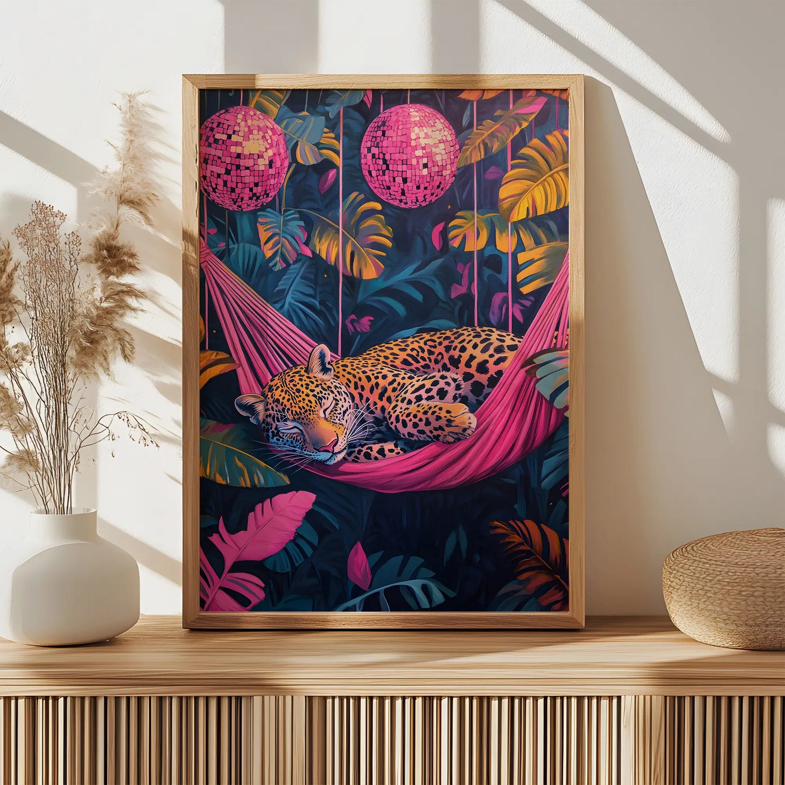 Sleeping Leopard Art - Dopamine Disco print leopard sleeping in a hamock 