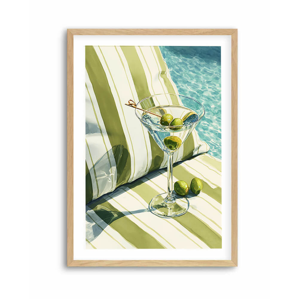 Coastal cocktail artwork showing a classic martini glass beside a luxury poolside sun lounge.
