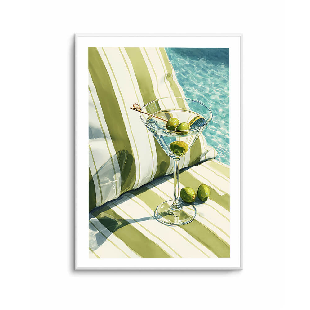 Beach house wall art featuring olive green striped cushions, turquoise water and a martini cocktail.