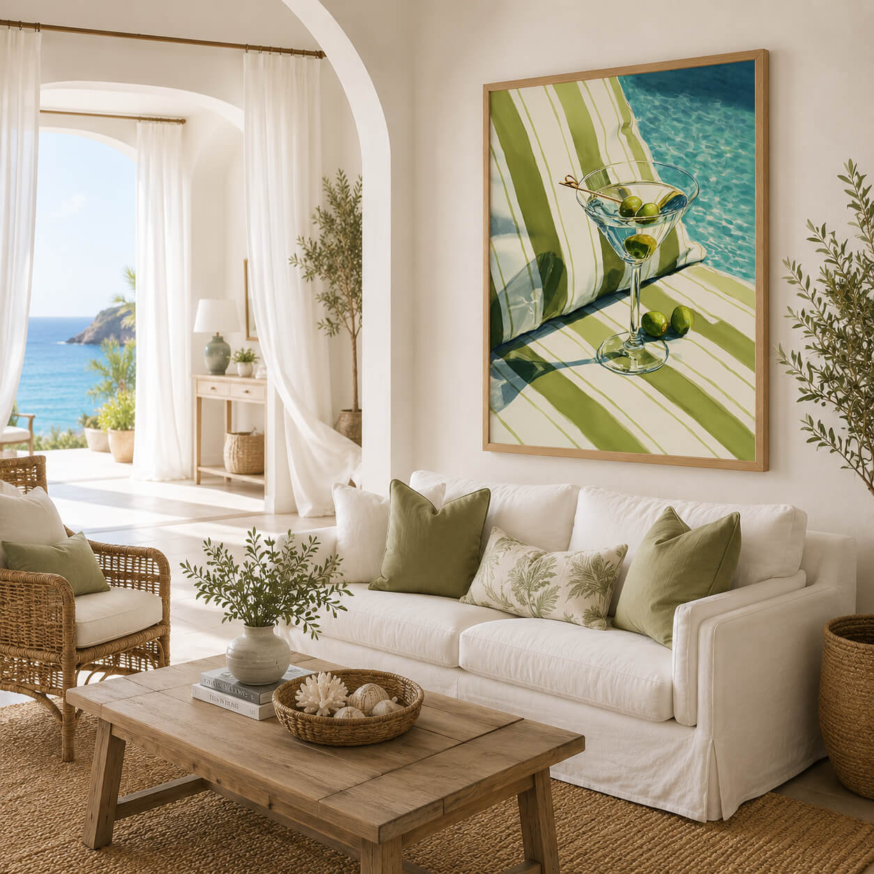 Beach house wall art featuring olive green striped cushions, turquoise water and a martini cocktail.