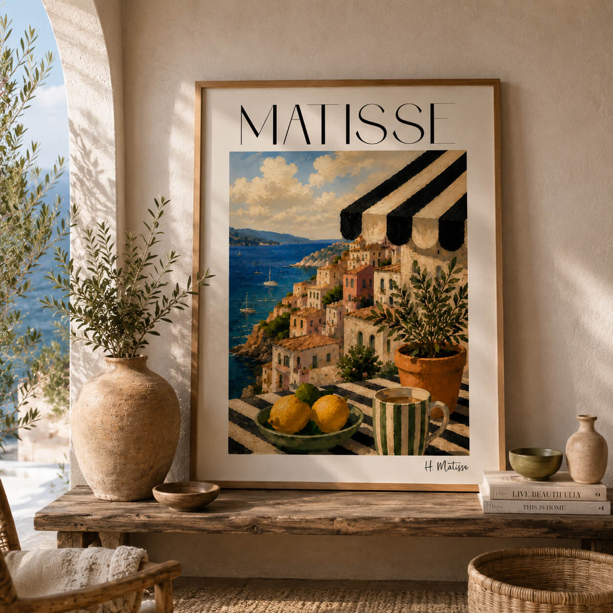 Matisse inspired Mediterranean wall art featuring an Amalfi Coast village, lemons, striped awning and Italian coastal landscape.