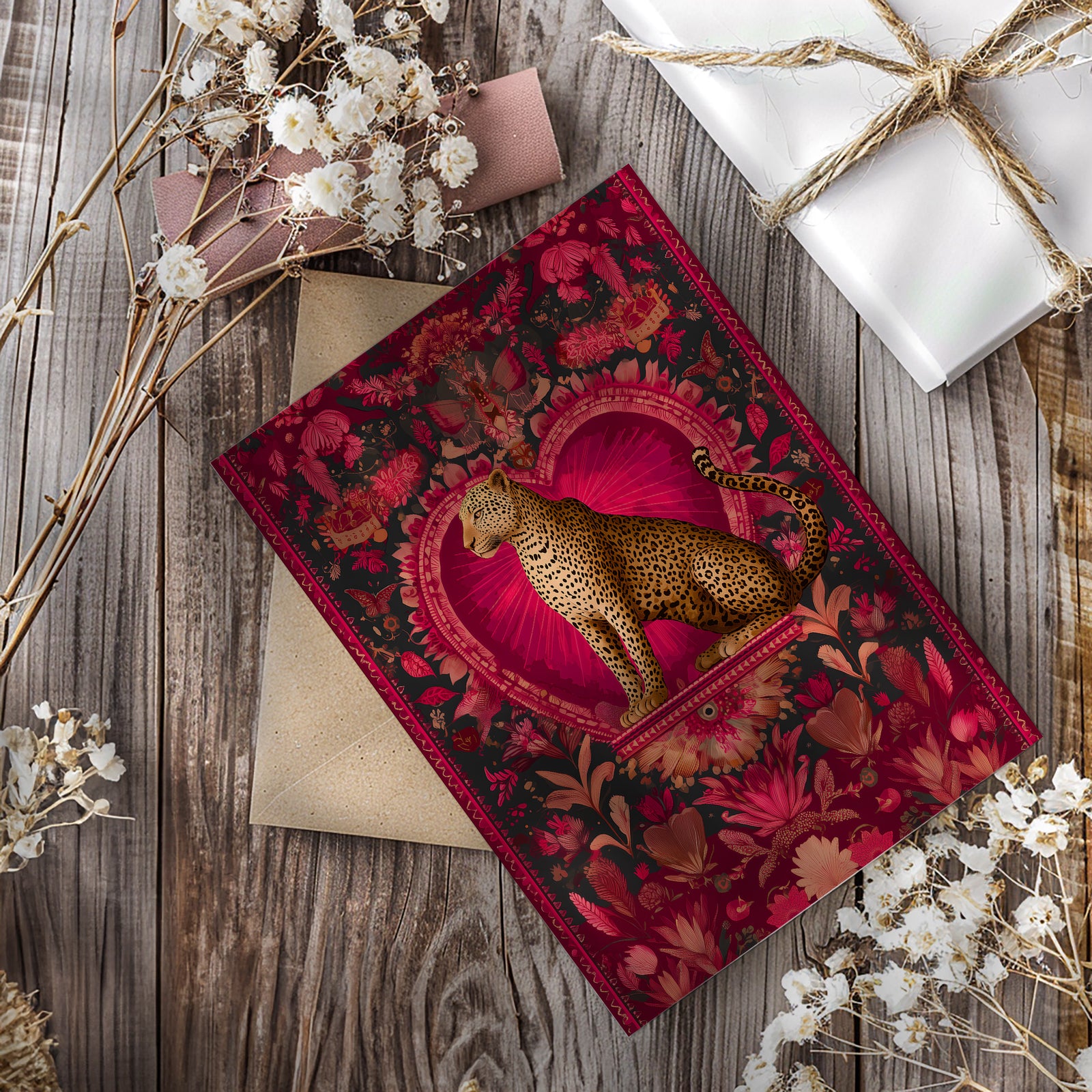 Bold maximalist leopard illustration art print, A5 size