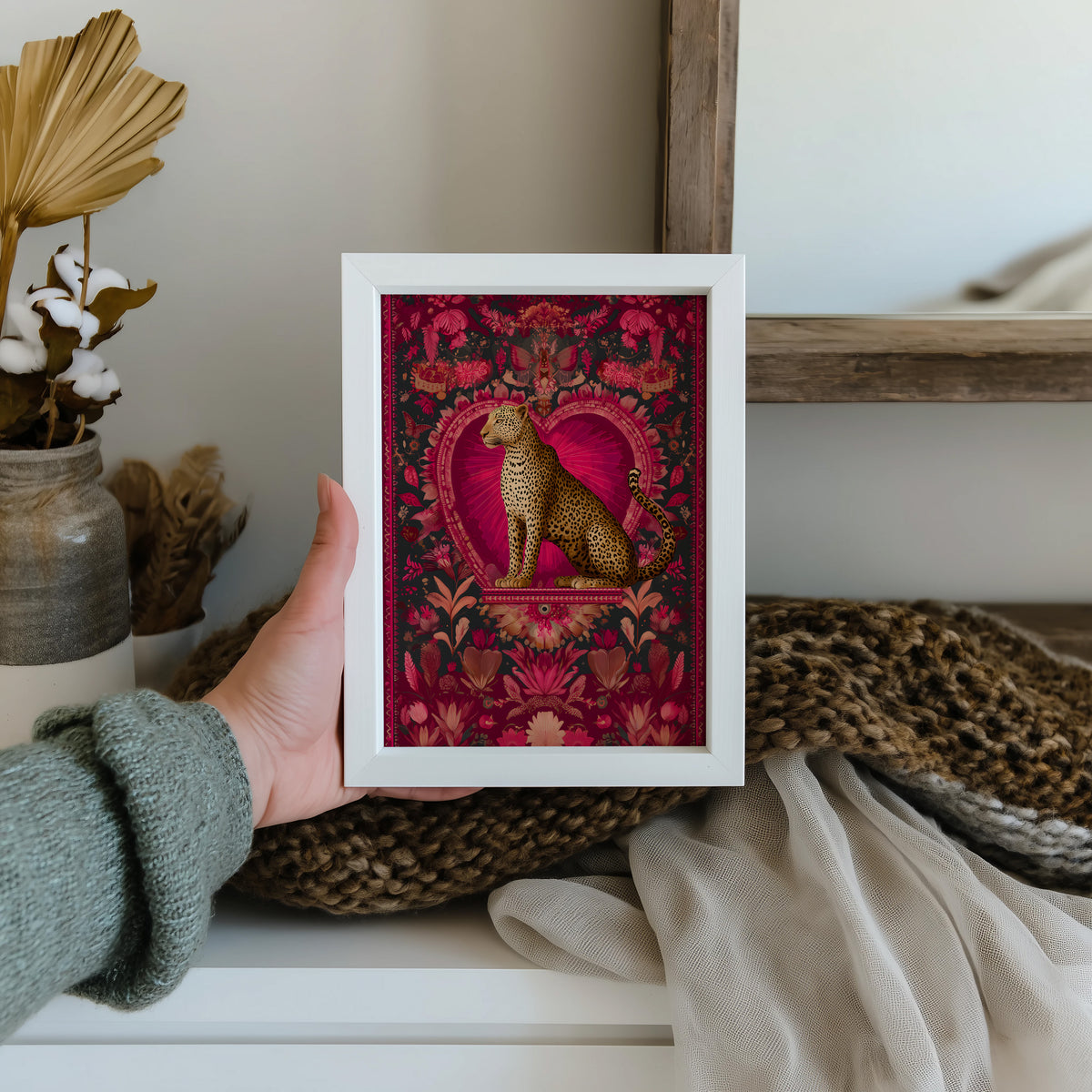 Mini A5 wall art print of a maximalist leopard with red heart