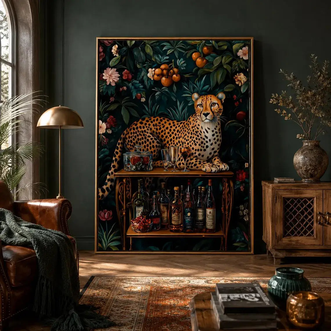 Maximalist animal wall art featuring a leopard surrounded by dark green leaves and flowers