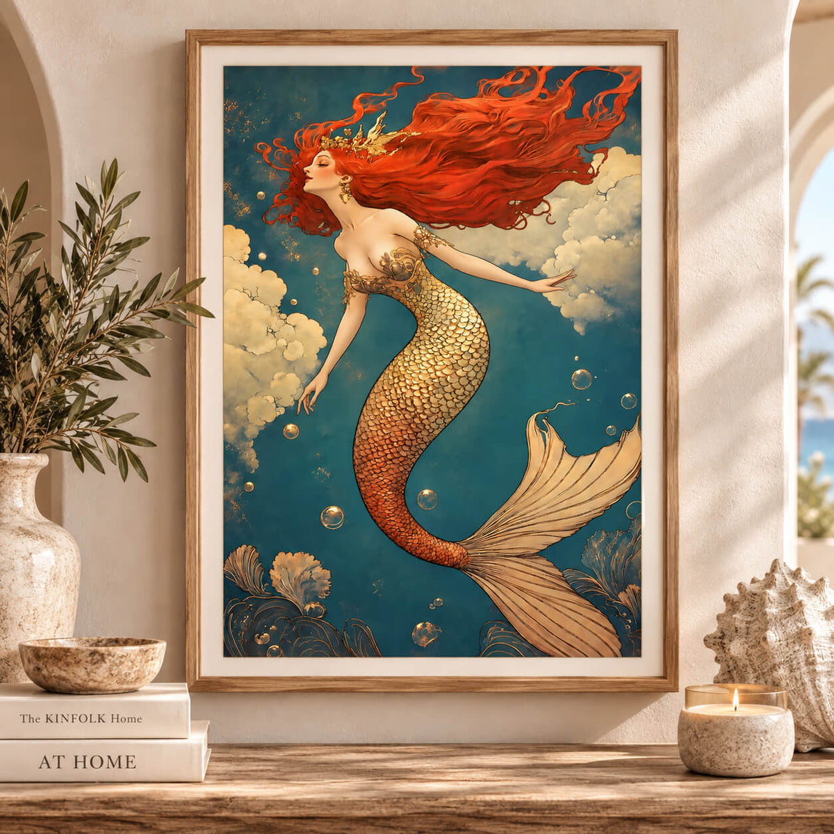 Golden red mermaid wall art print with flowing red hair, shimmering gold scales and deep teal ocean background