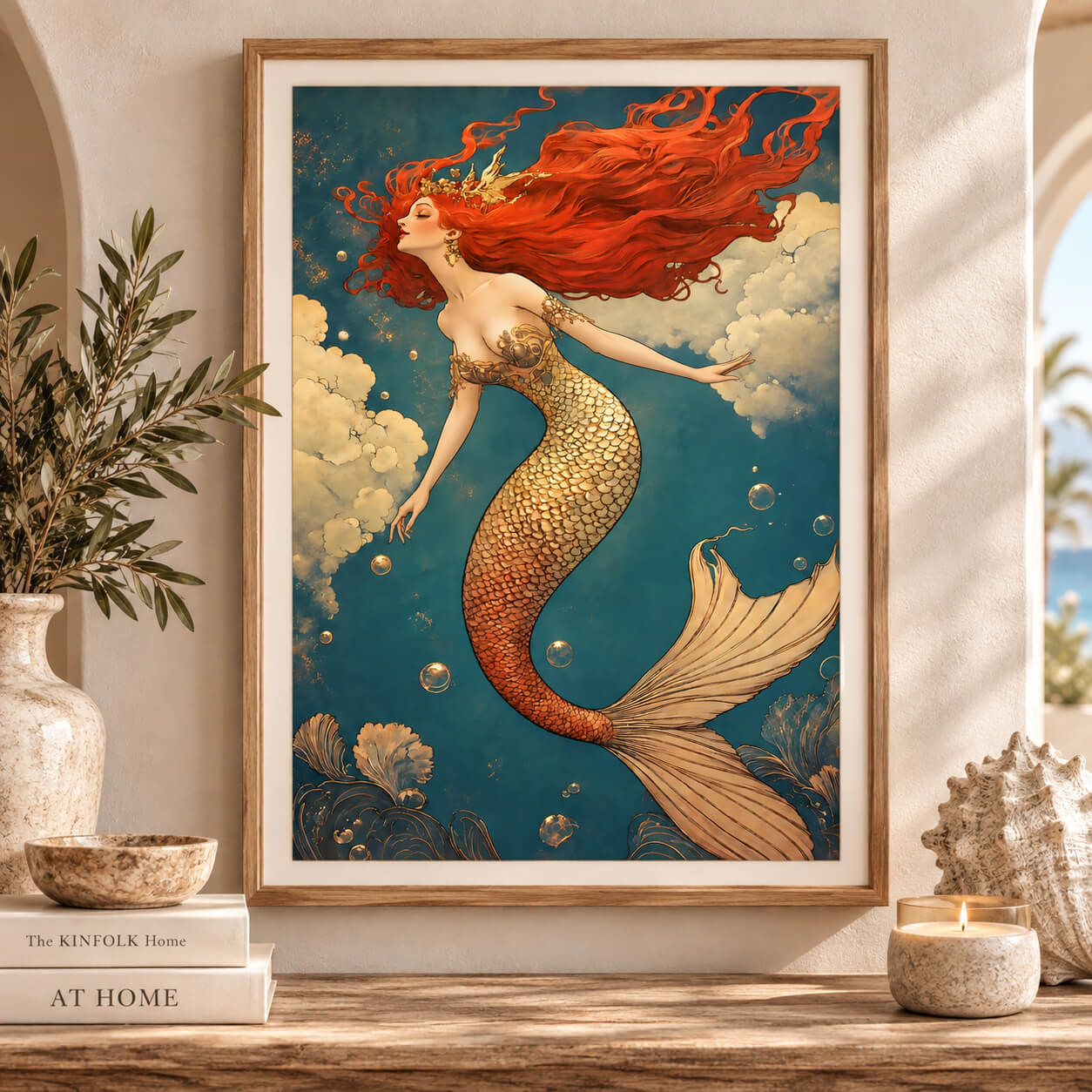 Golden red mermaid wall art print with flowing red hair, shimmering gold scales and deep teal ocean background