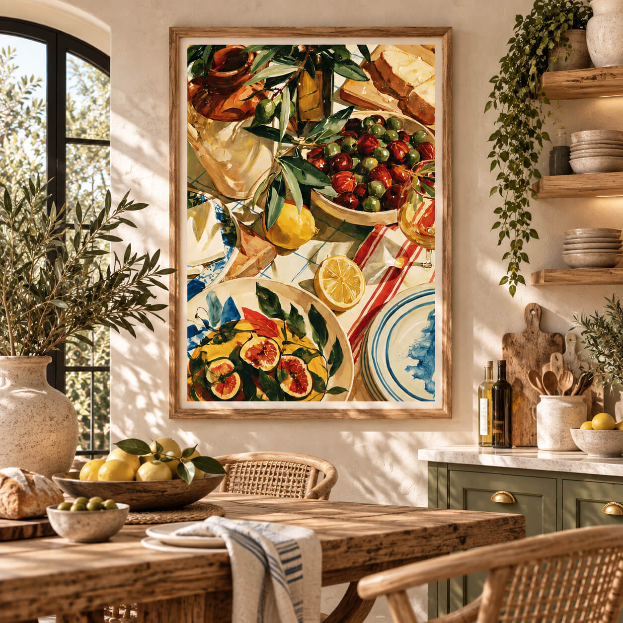 Mediterranean table wall art with olives lemons figs and blue and white ceramics