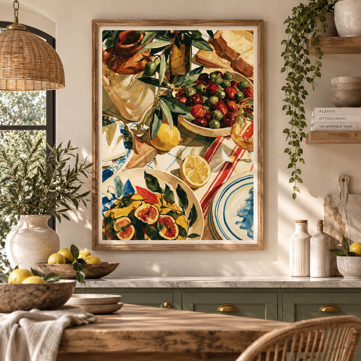 Mediterranean wall art print in natural timber frame styled in a sunlit kitchen