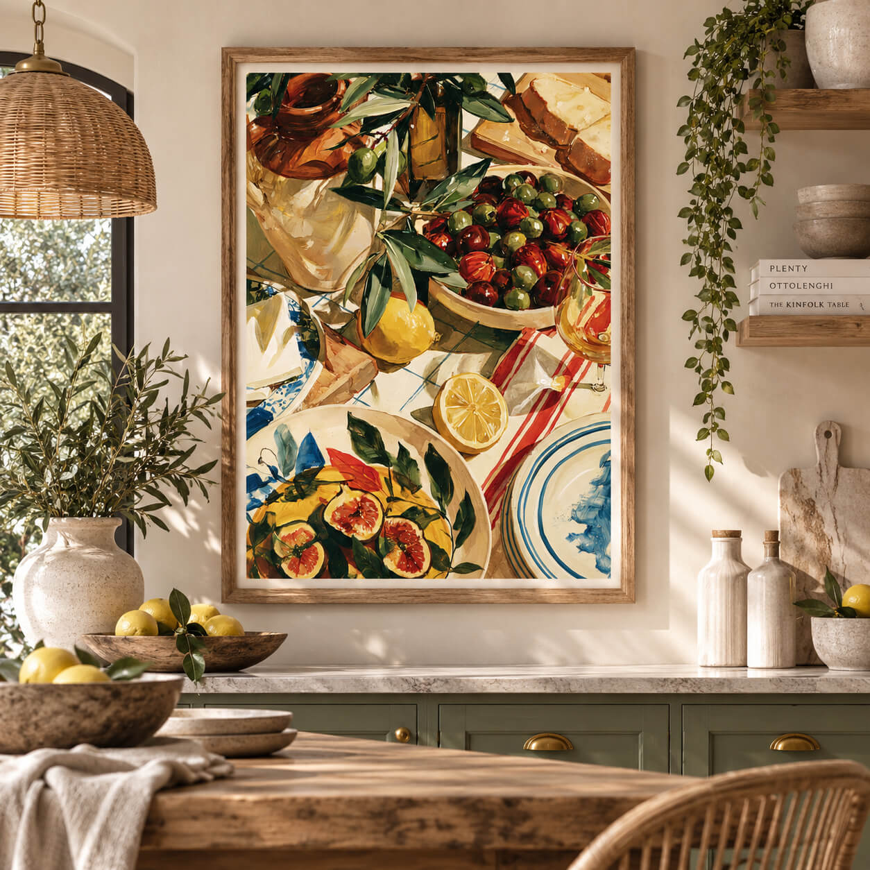Mediterranean table wall art with olives lemons figs and blue and white ceramics