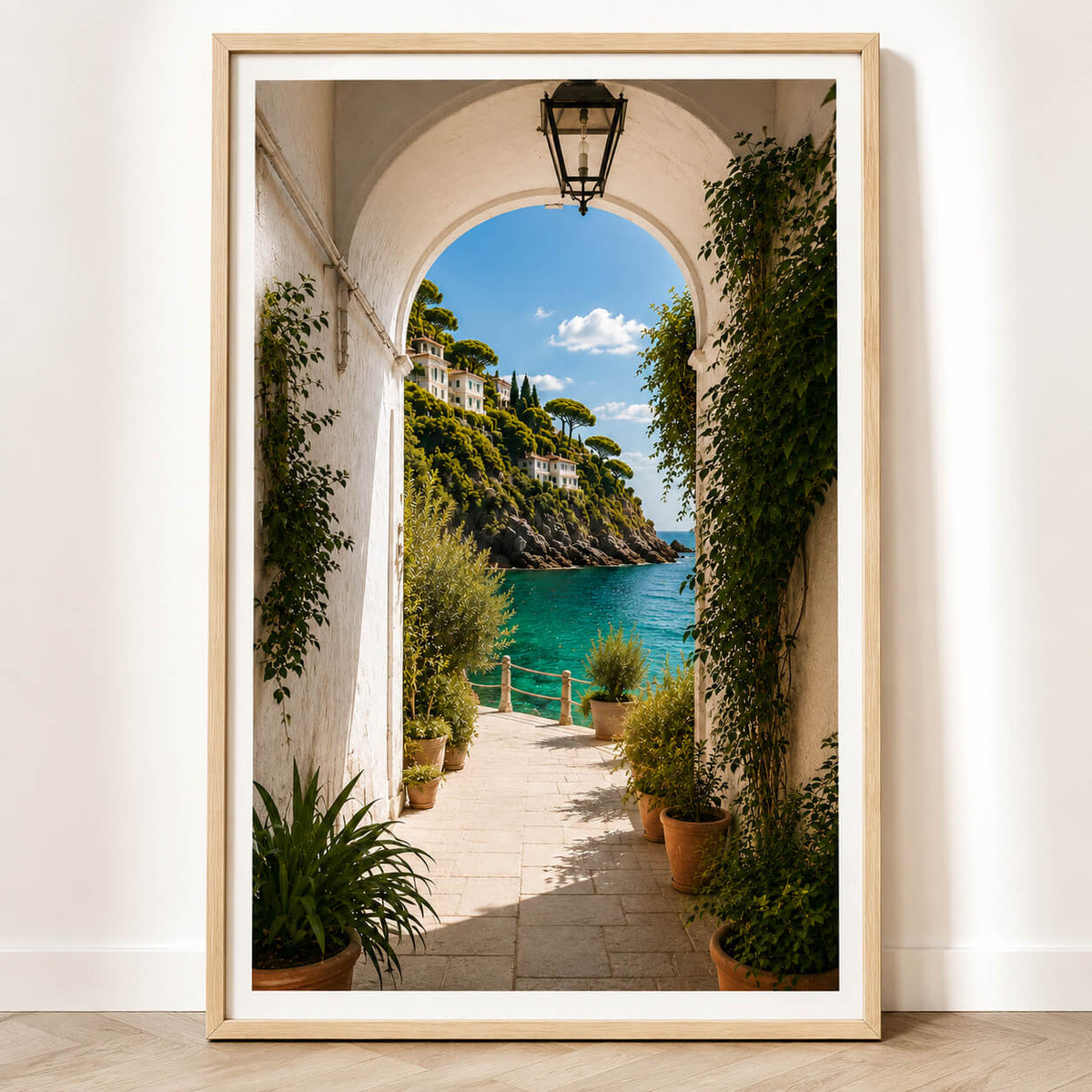 Mediterranean coastal wall art with white arched walkway overlooking turquoise sea and hillside villas