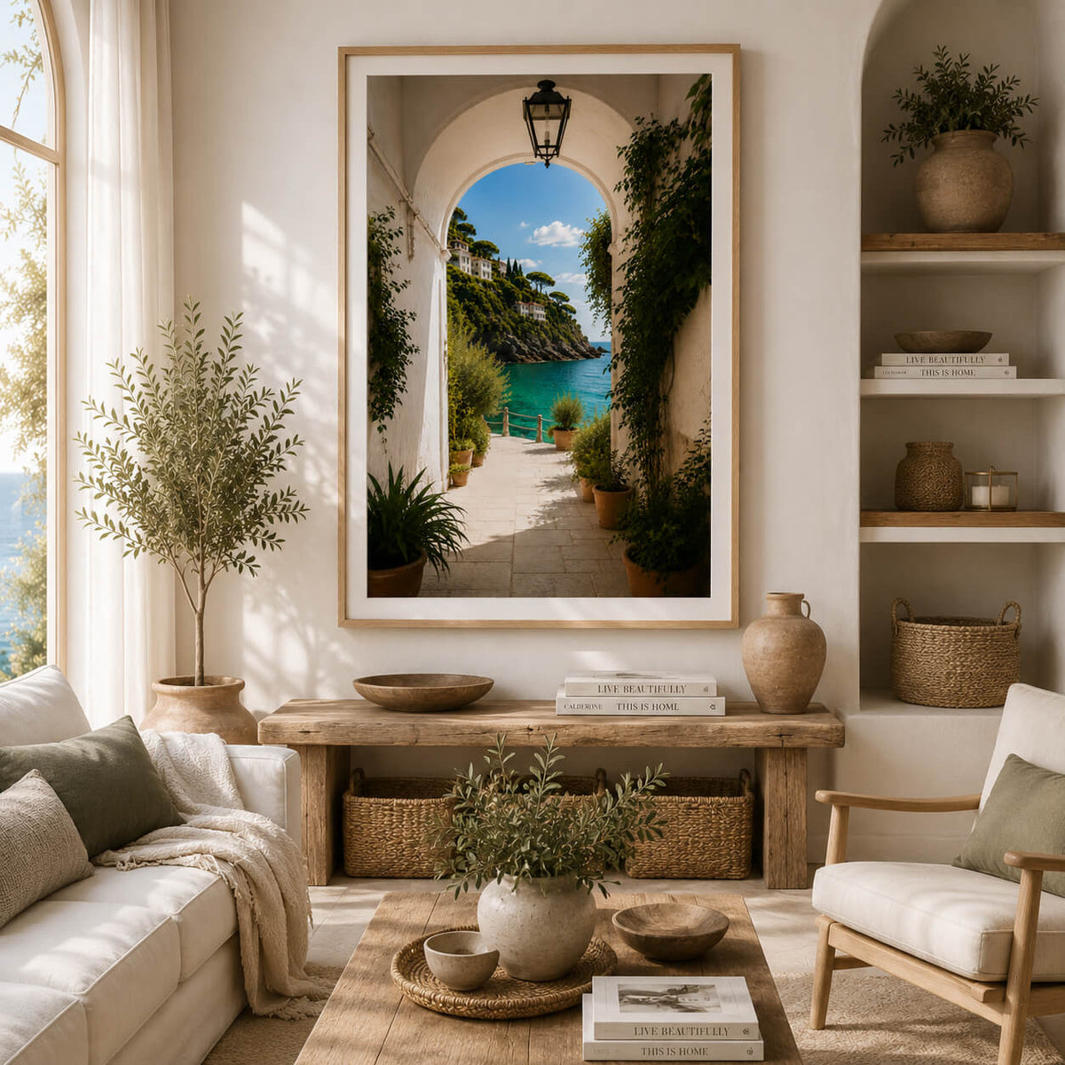 Mediterranean coastal wall art with white arched walkway