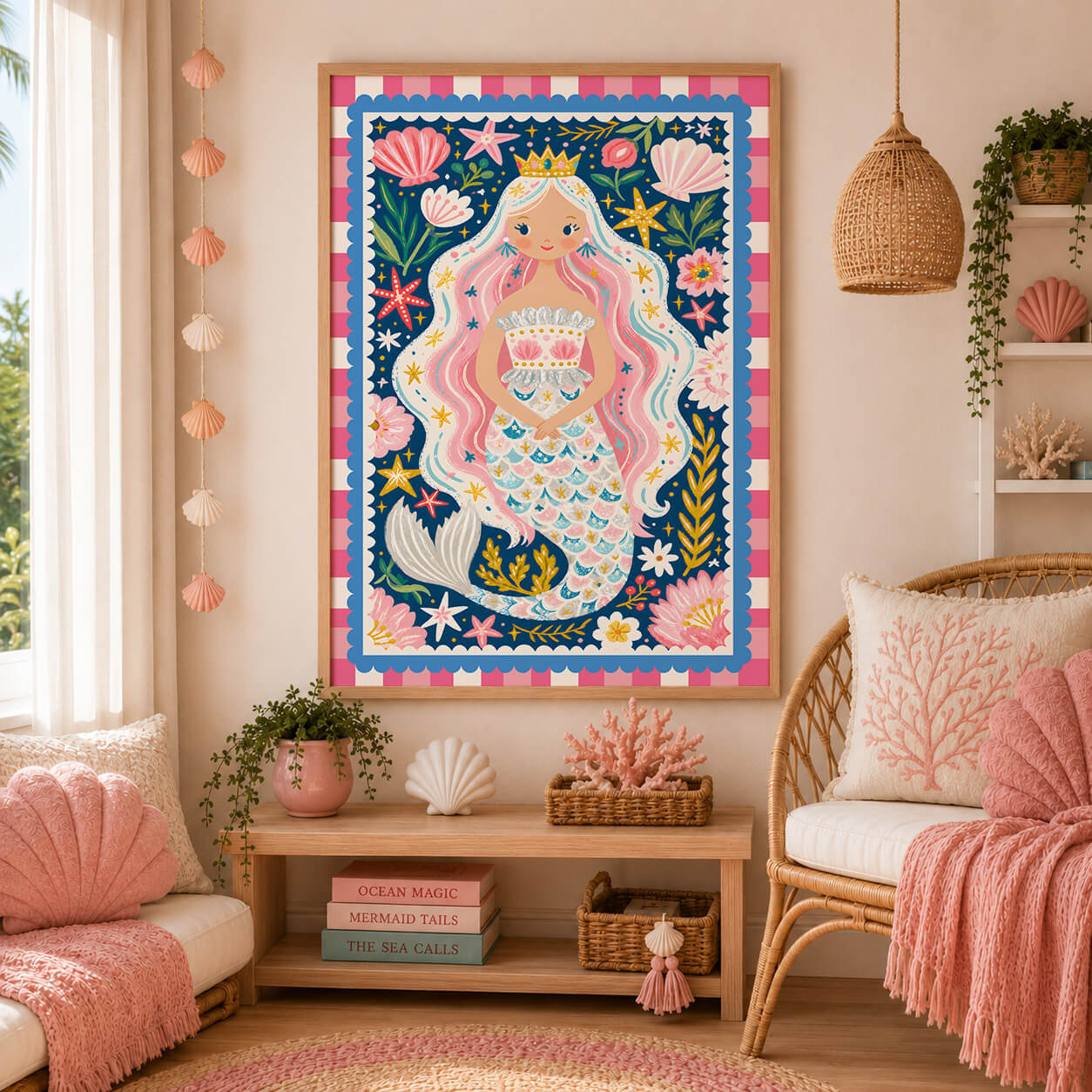 Whimsical mermaid wall art featuring a crowned pink-haired mermaid holding a seashell treasure chest.
