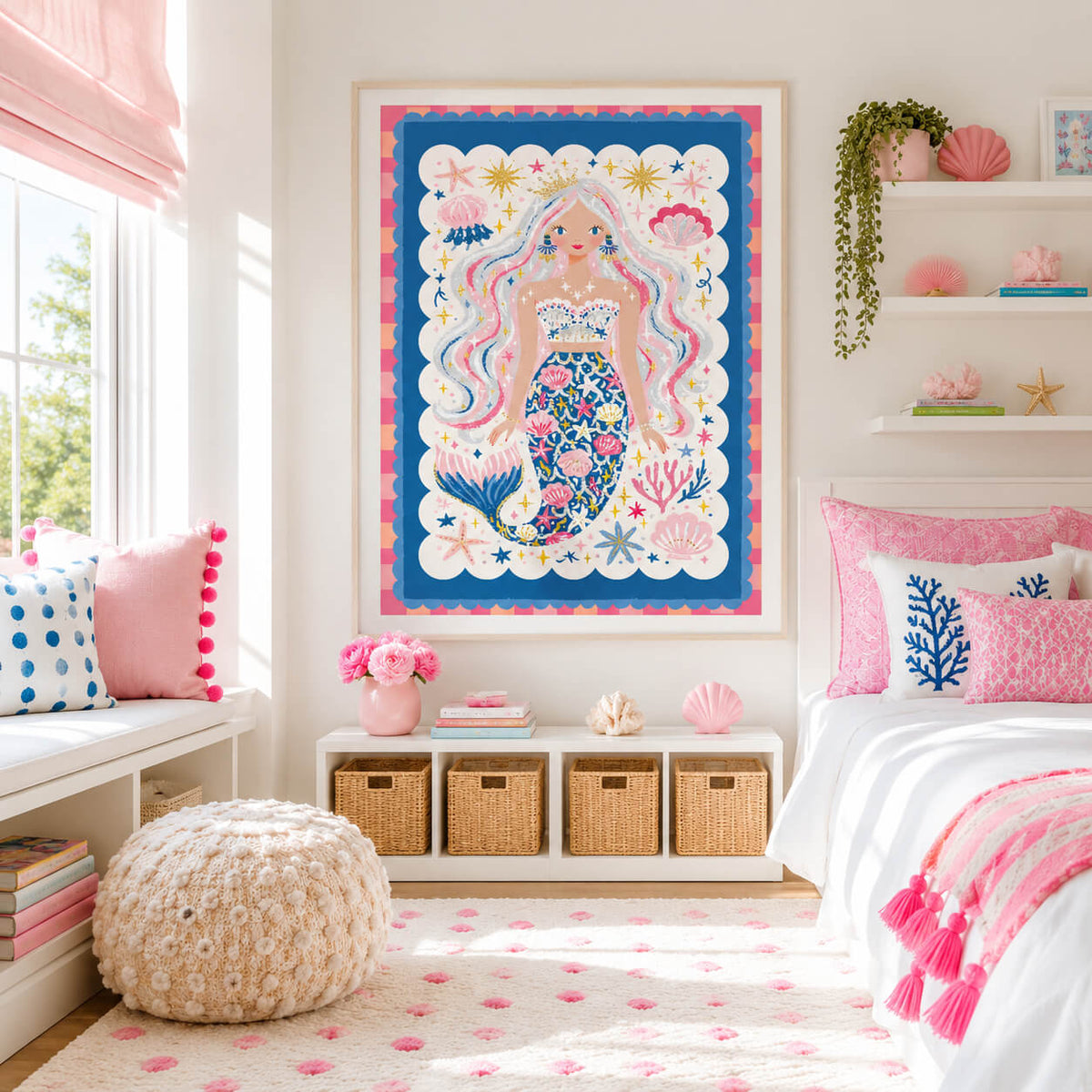 Colourful mermaid wall art for girls’ bedrooms and nurseries, featuring seashells, starfish and whimsical ocean details. Printed in Australia.