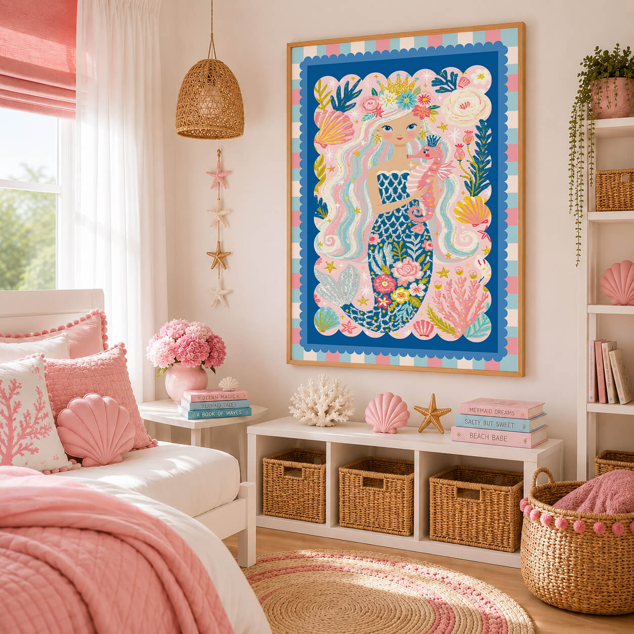 Whimsical floral mermaid wall art featuring a crowned mermaid holding a pink seahorse surrounded by shells, coral and ocean plants.