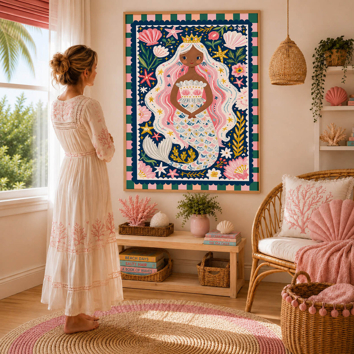 Mermaid wall art displayed in a colourful girls bedroom with pink and emerald green decor and whimsical coastal styling.