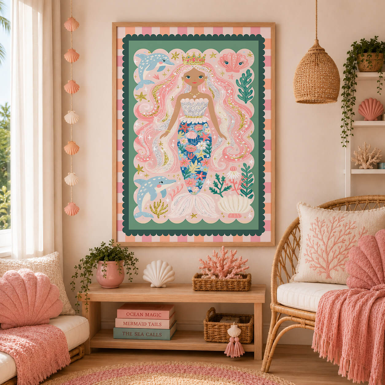 Pastel mermaid wall art featuring a crowned mermaid with flowing pink hair, playful dolphins, seashells and colourful coral.