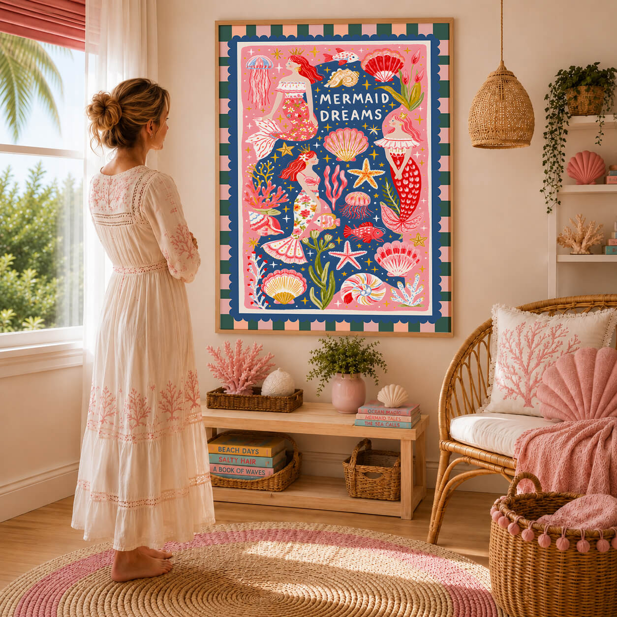 Whimsical Mermaid Dreams wall art featuring three colourful mermaids with seashells, coral, jellyfish and starfish on a vibrant ocean background.