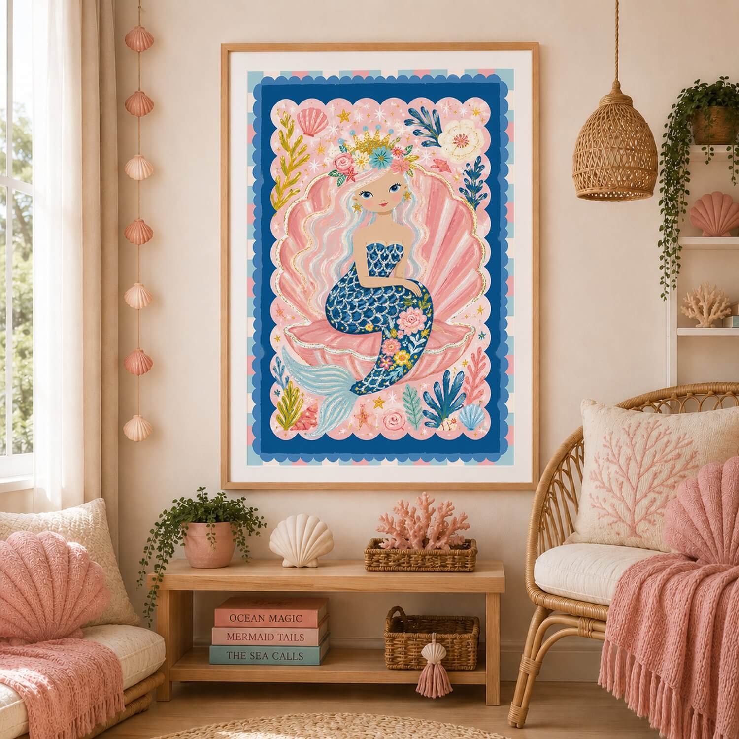 Whimsical mermaid wall art for girls featuring a pink mermaid sitting in a seashell.