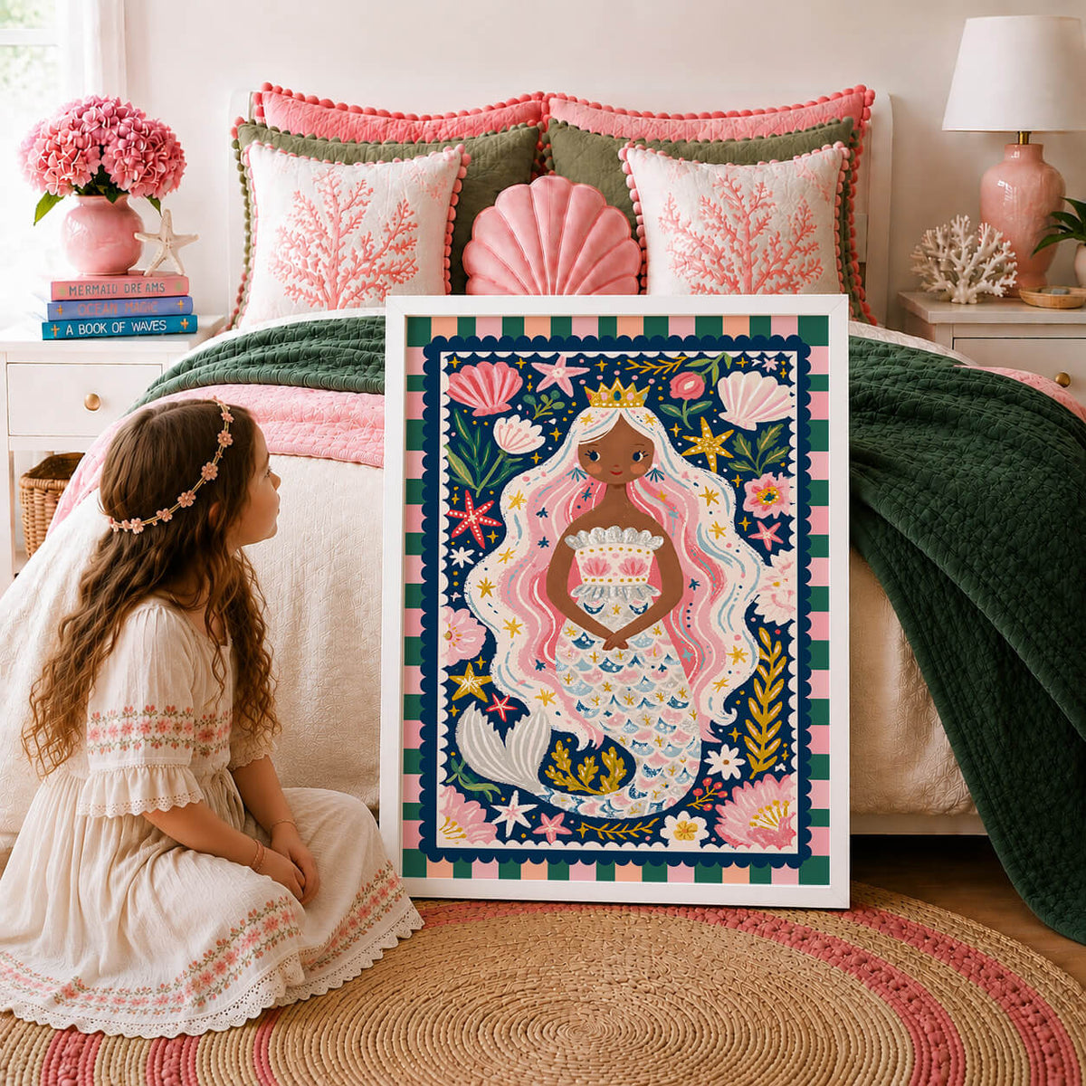 Colourful mermaid princess wall art in pink, navy and green with seashells, starfish and whimsical ocean details for a girls bedroom.