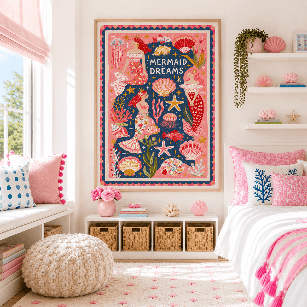 Whimsical Mermaid Dreams wall art featuring three colourful mermaids with seashells, coral, jellyfish and starfish on a vibrant ocean background.