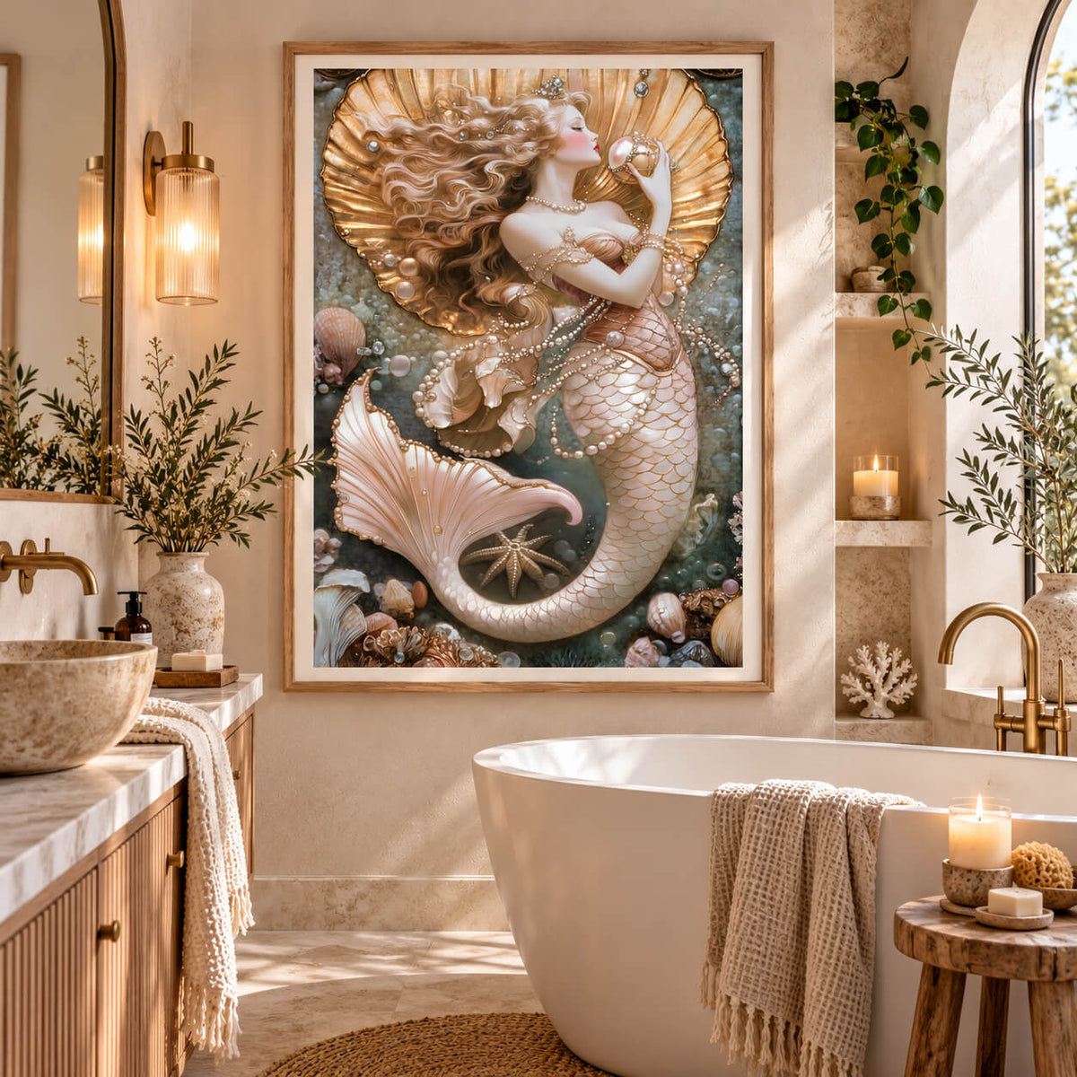 Art Nouveau mermaid wall art in soft blush ivory and gold with pearl and seashell details