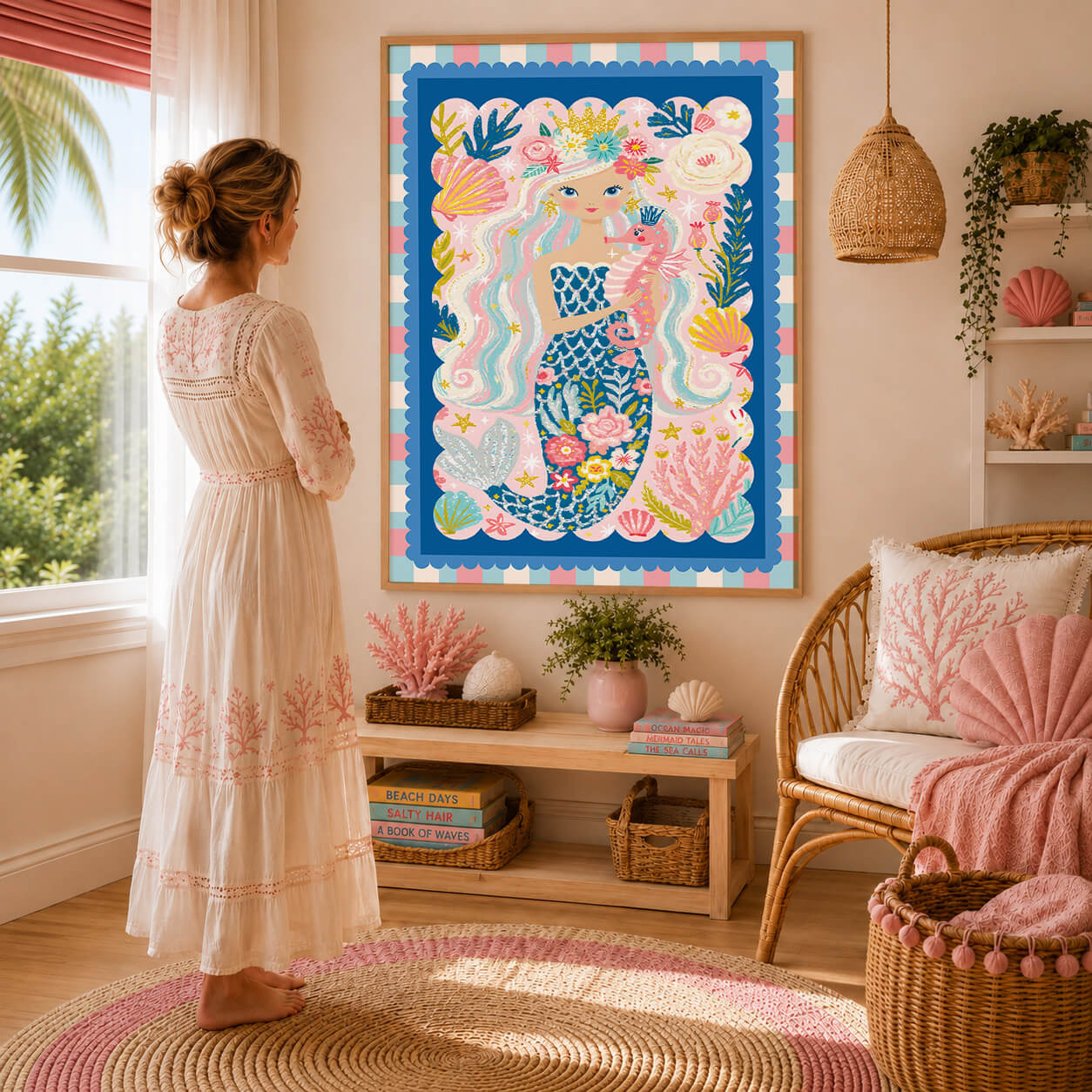 Whimsical floral mermaid wall art featuring a crowned mermaid holding a pink seahorse surrounded by shells, coral and ocean plants.