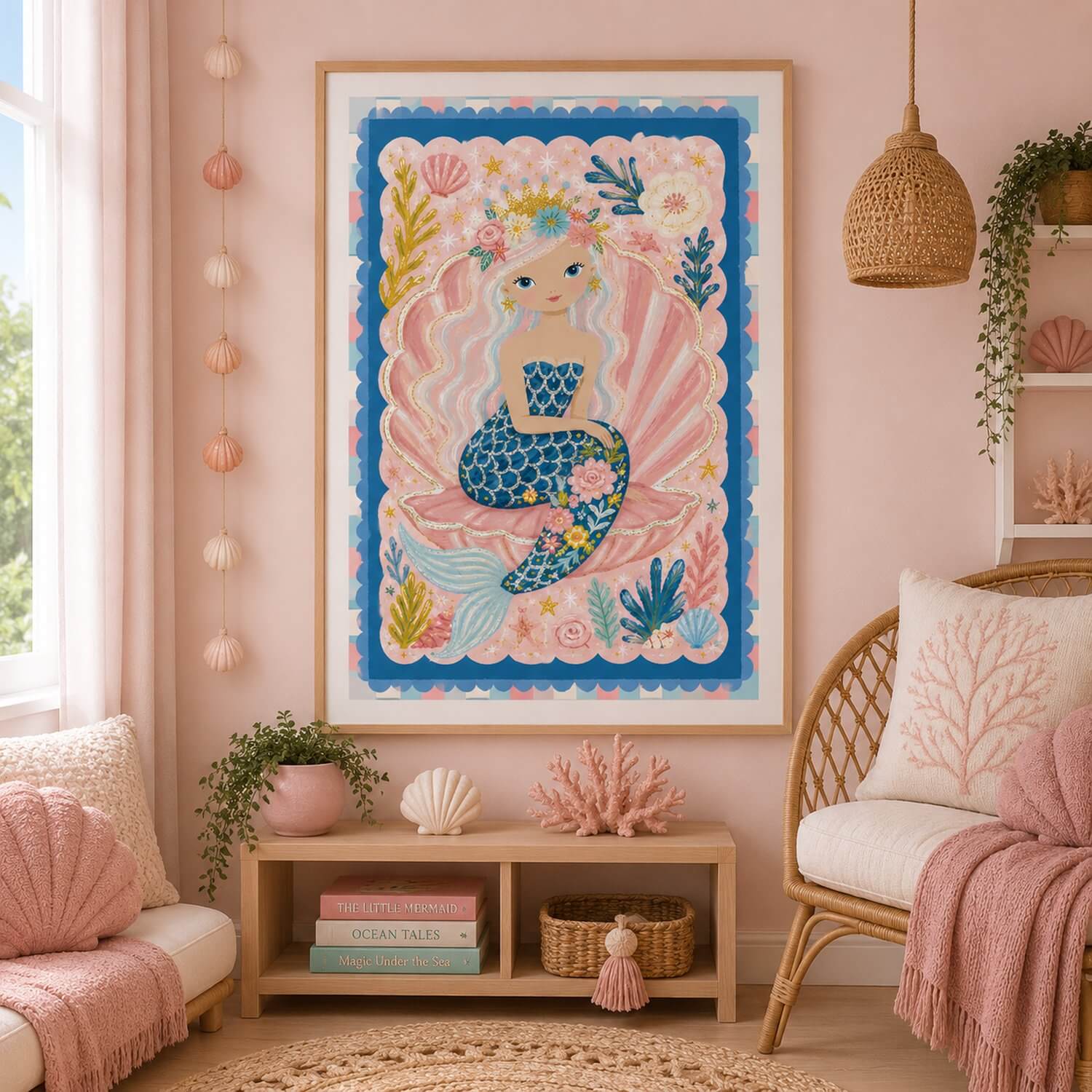 Whimsical mermaid wall art for girls featuring a pink mermaid sitting in a seashell.
