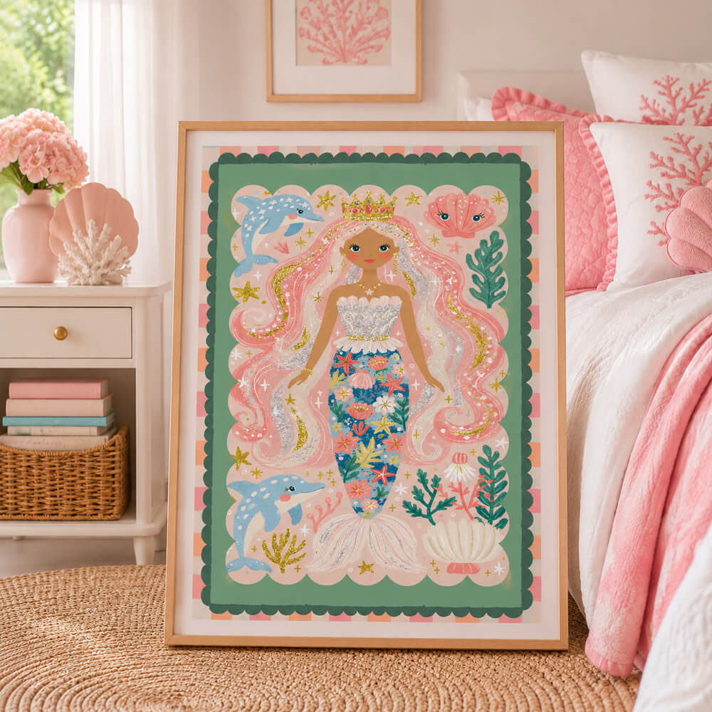 Pastel mermaid wall art featuring a crowned mermaid with flowing pink hair, playful dolphins, seashells and colourful coral.