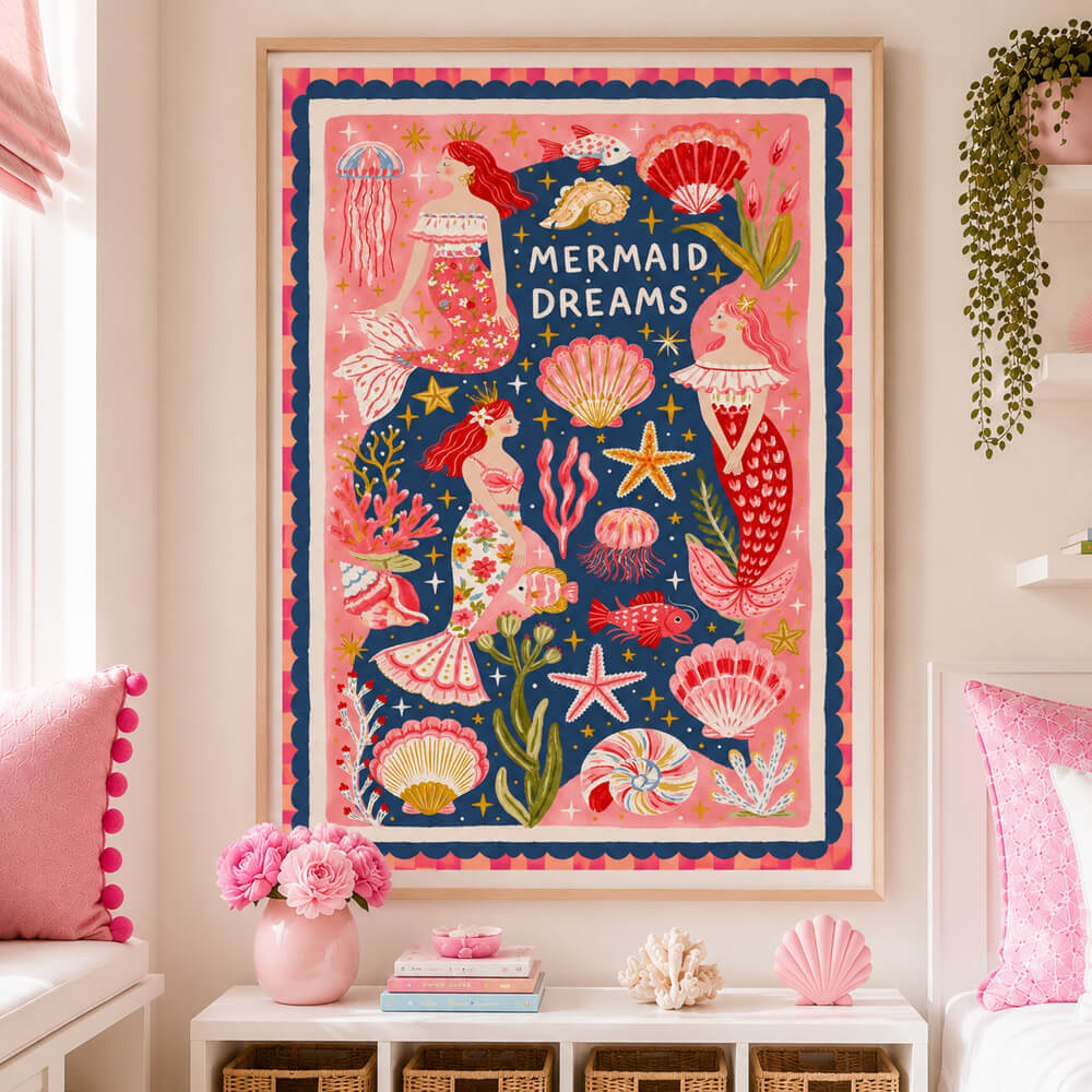 Whimsical Mermaid Dreams wall art featuring three colourful mermaids with seashells, coral, jellyfish and starfish on a vibrant ocean background.