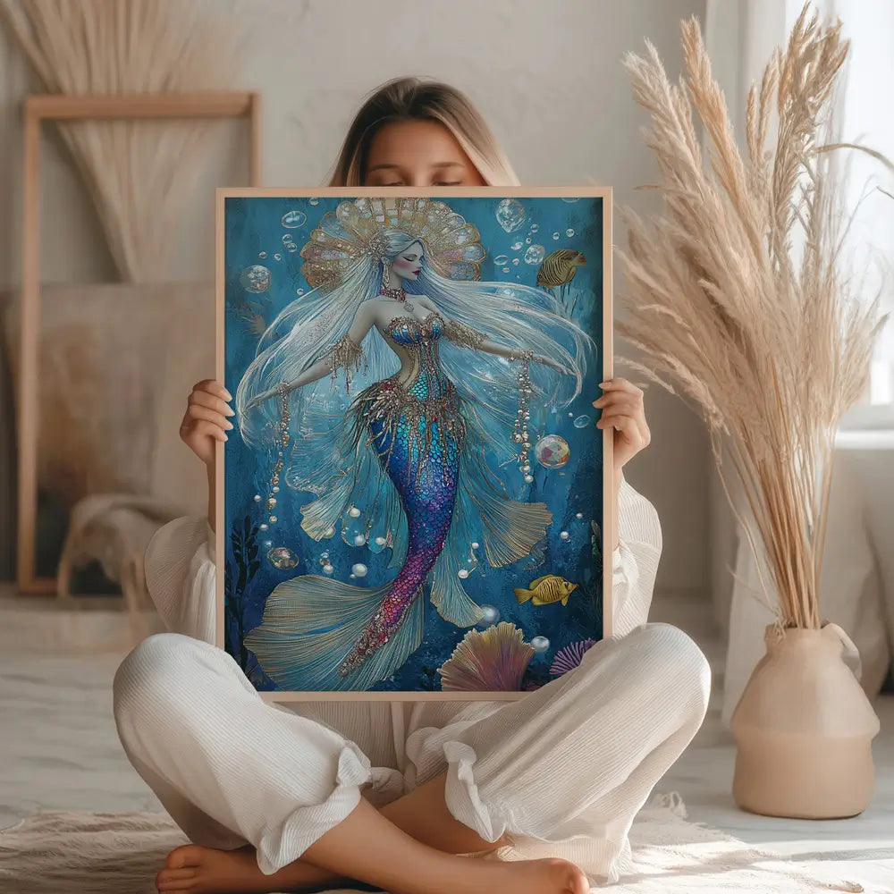  Mermaid Wall Art Print. Showcasing a graceful mermaid embellished with delicate flowers 