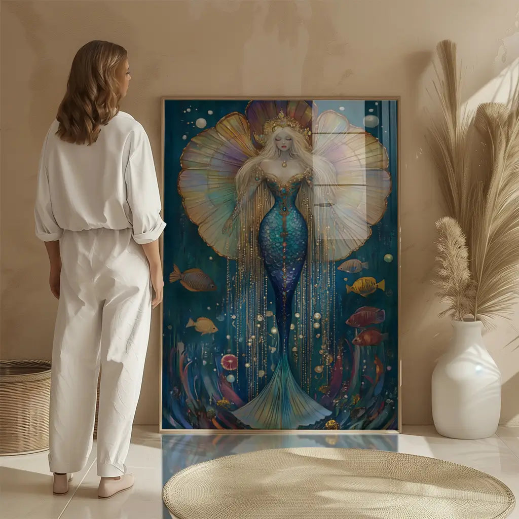 Mermaid wall decor in deep blue tones with celestial and aquatic elements.