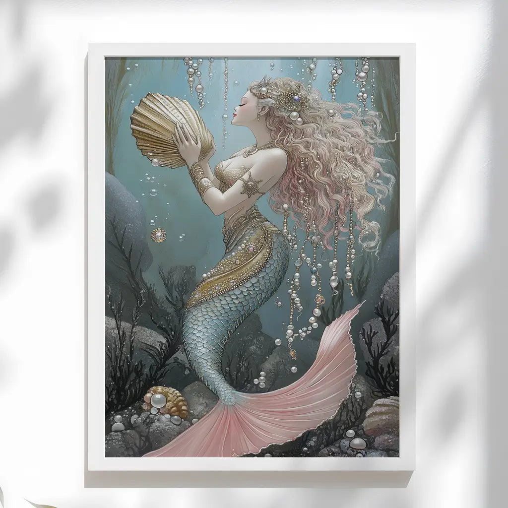 Elegant mermaid with flowing pink hair holding a golden seashell underwater surrounded by pearls and seaweed.