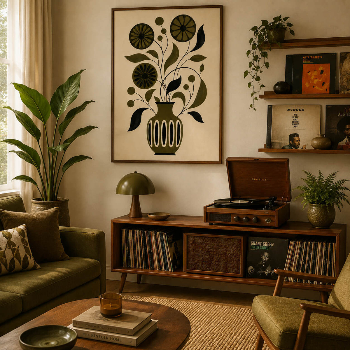 Mid century modern botanical wall art featuring abstract floral stems in an olive green vase with black accents.