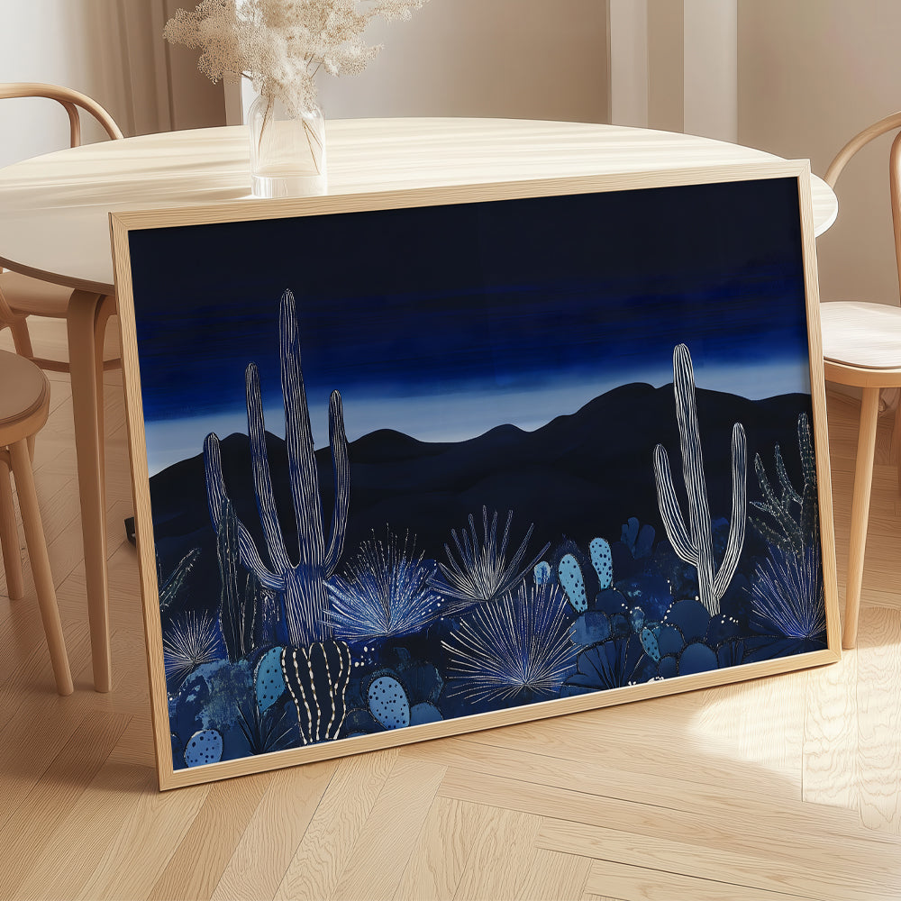 Moody desert evening wall art featuring deep blue hues and classic southwestern scenery.