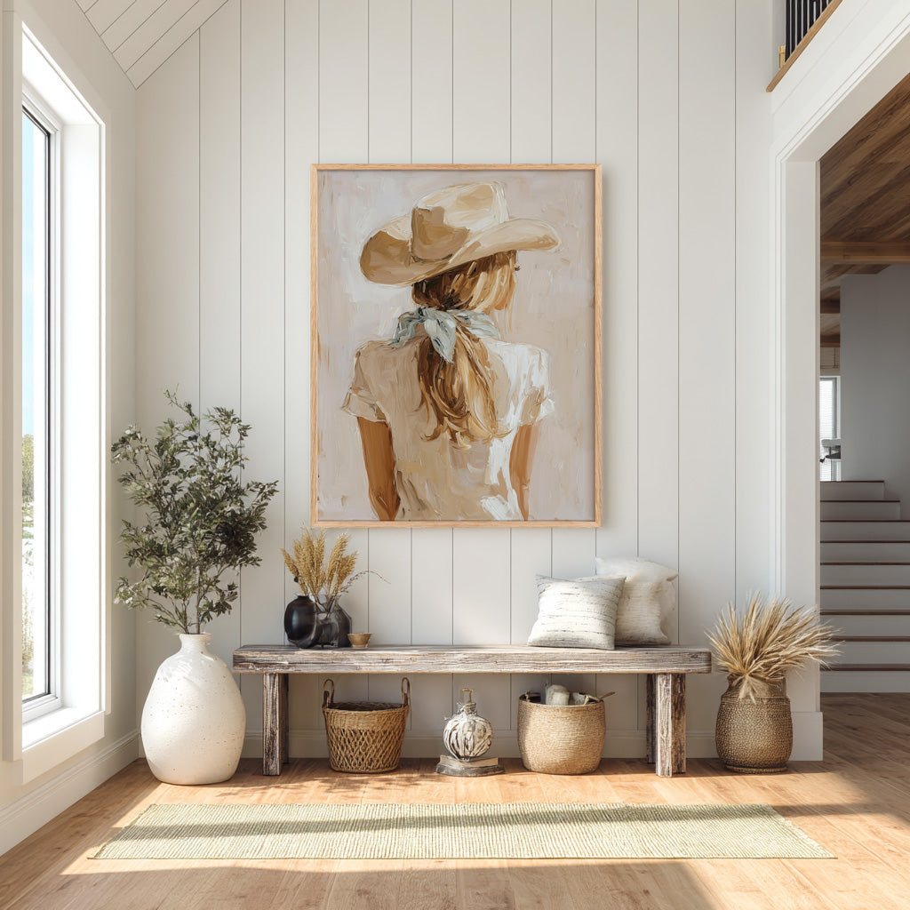 Minimalist cowgirl wall art print in an oak frame displayed in a modern living room, featuring a neutral western portrait with a cream scarf and light blue bandana.