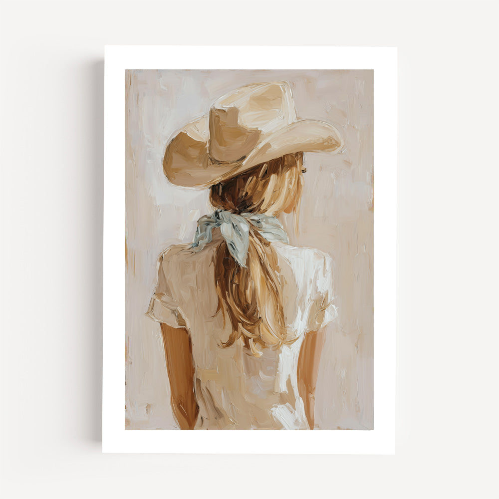 Minimalist cowgirl wall art print in an oak frame displayed in a modern living room, featuring a neutral western portrait with a cream scarf and light blue bandana.