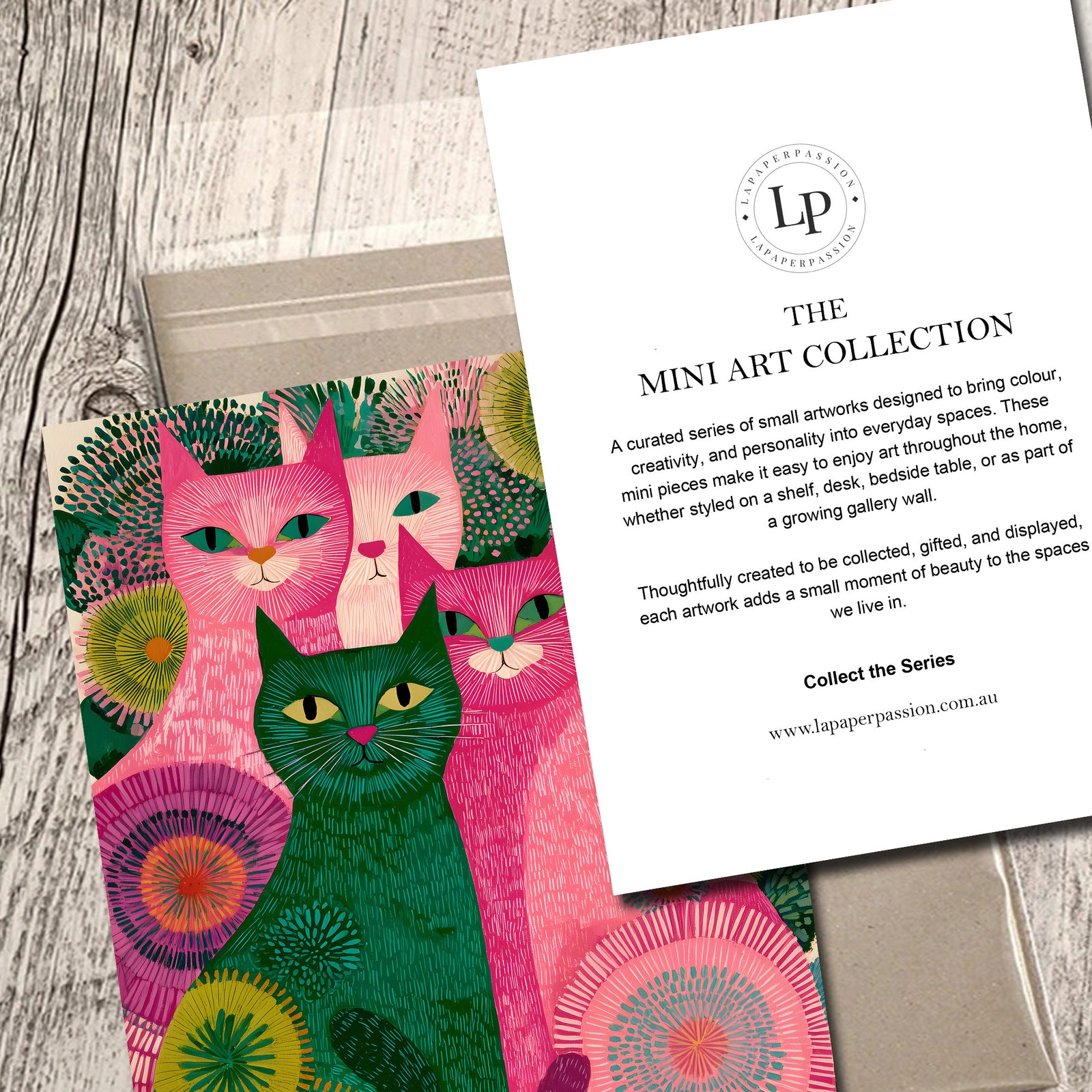 Mini A5 wall art print of colourful contemporary cats