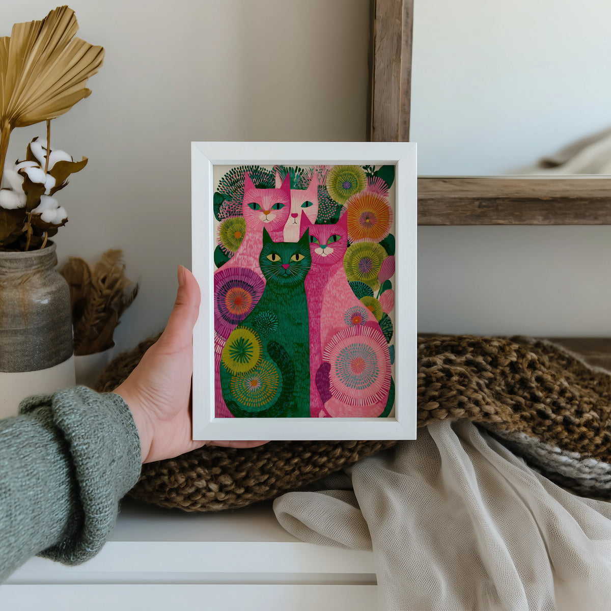 Small modern wall art featuring bright cats illustration