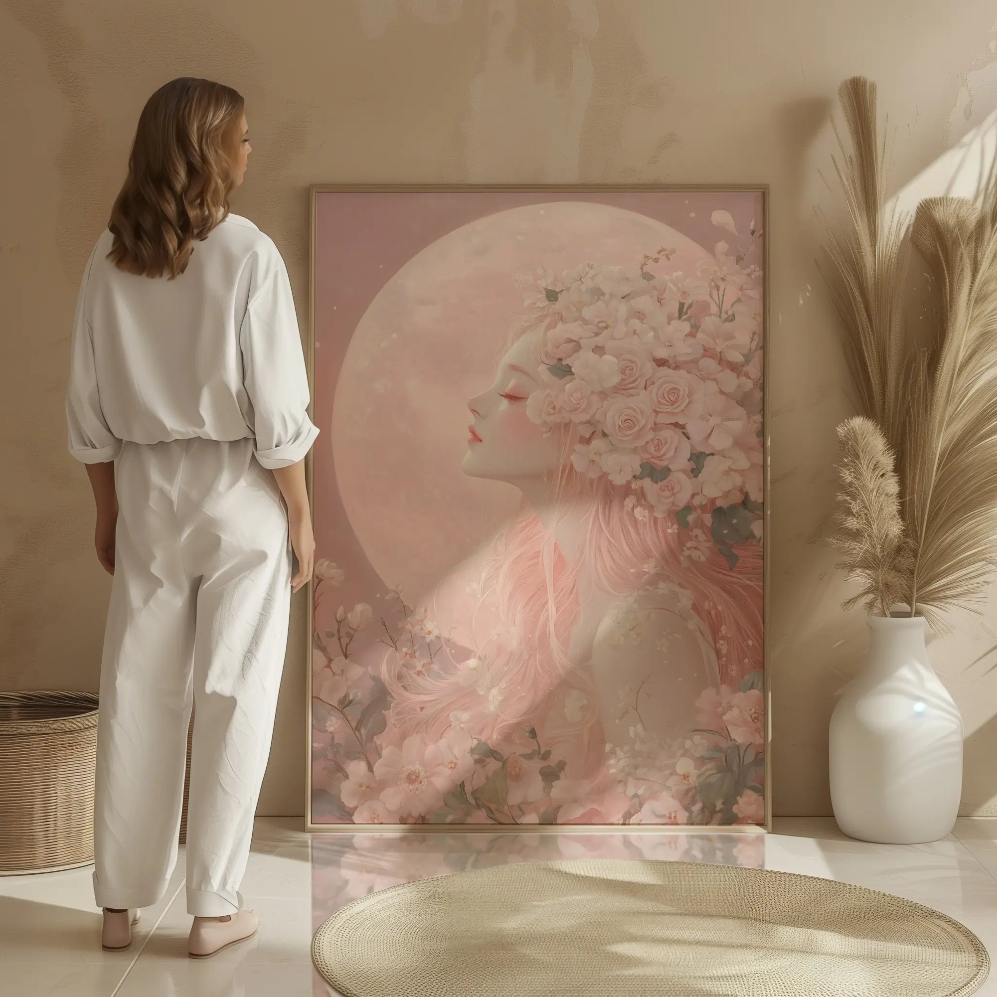 Feminine moon goddess art print with woman, floral headdress, and pink moon.
